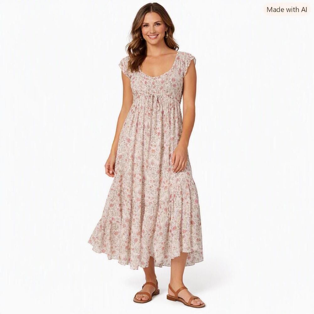 Anthropologie Maxi Dress – Boho Floral Smocked Tiered Cream Pink – Size Small